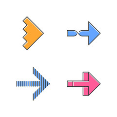 Rightward arrows color icons set. Twisted, notched, striped next, forward arrows. Navigation pointer sign. Motion signpost, indicator. Pointing symbol. Sideways movement. Isolated vector illustrations