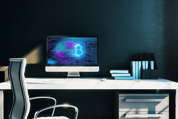 Desktop interior with computer, table and chair. blockchain theme drawing on screen. 3d rendering