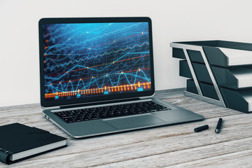 Laptop closeup with forex graph on computer screen. Financial trading and education concept. 3d rendering.