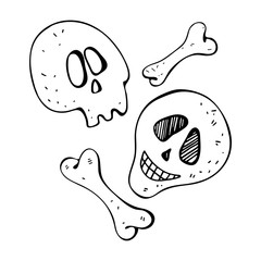 Skull and bones. Skeleton for Halloween.Day of the Dead Skulls. Monochrome line drawing. Isolated object on white background in vector. Black and white