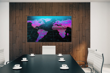 Conference room interior with world map on screen monitor on the wall. International market concept. 3d rendering.
