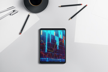 Digital tablet closeup top view with financial graph on screen. Online trading application concept. 3d rendering.