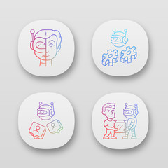 Software bot app icons set. ocialbot, transactional, impersonator robots. Artificial intelligence. Cyborgs, AI. UI/UX user interface. Web or mobile applications. Vector isolated illustrations
