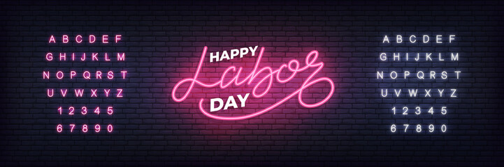 Fototapeta na wymiar Happy Labor Day neon. Glowing lettering sign for USA Labor Day celebration