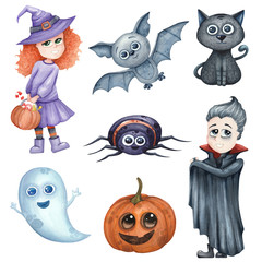 watercolor set with lovely characters for design Halloween parties isolated