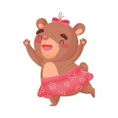 Humanized little bear girl runs holding her hands up. Vector illustration on white background.