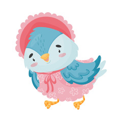 Cartoon blue bird in a dress. Vector illustration on white background.