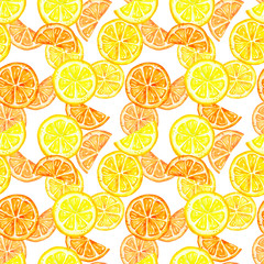 Modèle sans couture d& 39 agrumes aquarelle. Fruits frais de citron d& 39 été mûrs peints à la main sur fond blanc. Tranches d& 39 oranges et de citrons, isolées. Impression d& 39 art colorée de nourriture saine.