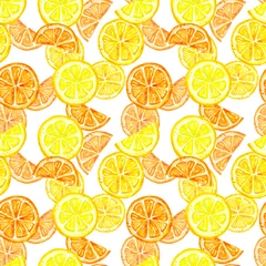 Papier Peint photo autocollant Citrons Modèle sans couture d& 39 agrumes aquarelle. Fruits frais de citron d& 39 été mûrs peints à la main sur fond blanc. Tranches d& 39 oranges et de citrons, isolées. Impression d& 39 art colorée de nourriture saine.