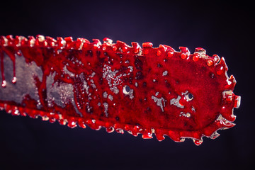 detail of a bloody chainsaw. image suitable for horror