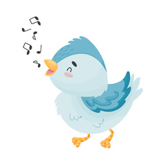 Cartoon bird sings. Vector illustration on white background.
