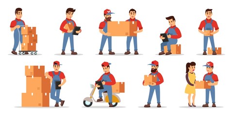 Vector set illustrating highlights of delivery services: counting price, checking order, transportation parcels with movers, loaders, motor scooter, cart, courier to client. Cartoon isolated on white.
