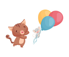 Cartoon mouse and cat with balloons. Vector illustration on white background.