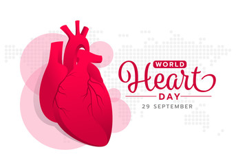 World heart day with red pink human heart sign on abstract dot world map texture background vector design - Powered by Adobe