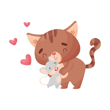Cartoon cat and mouse hugging. Vector illustration on white background.
