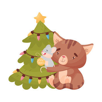Cartoon mouse and cat decorate the Christmas tree. Vector illustration on white background.