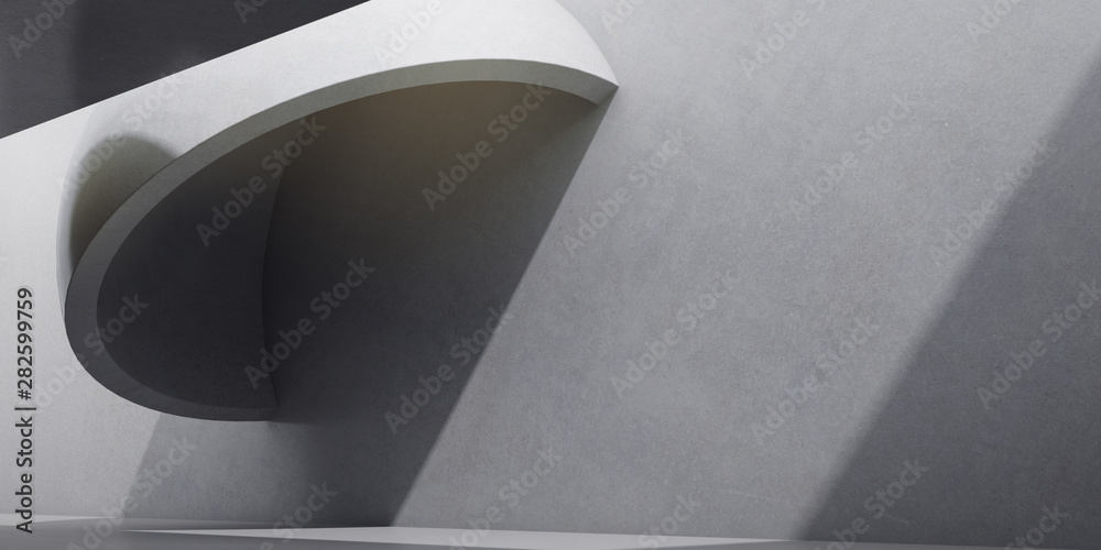 Poster Abstract of concrete space with sun light cast the shadow on the wall and floor,Sphere structure   sculpture design,Perspective of brutalism  architecture,3d rendering