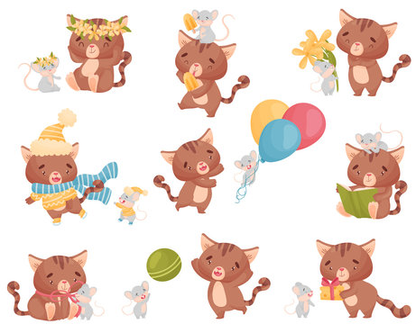 Cute friendly cat and mouse in different situations. Vector illustration on white background.