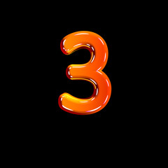number 3 of plastic orange shining font isolated on black background - 3D illustration of symbols