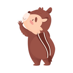 Cartoon humanized chipmunk stands with one paw pointing up. Vector illustration on white background.