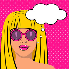 Girl with glasses in pop art style. Poster with speech bubble and exclamation mark.