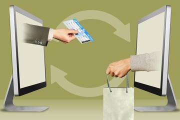commerce concept, two hands from displays. air ticket and hand with shopping bag. 3d illustration