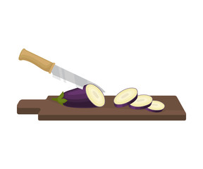Knife slices eggplant. Vector illustration on a white background.