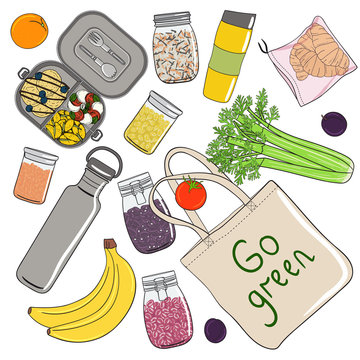 Set of shopping bag, vegetables, fruits, seeds