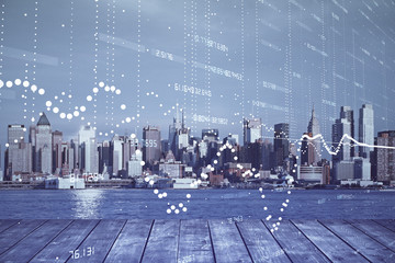 Obraz premium Data theme hologram drawing on city view with skyscrapers background double exposure. Technology concept.