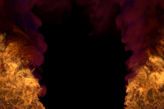 Flame from both picture bottom corners - fire 3D illustration of blazing fireplace, frame with dense smoke isolated on black background