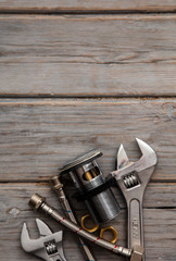 Home improvement background with plumbing tools and equipment