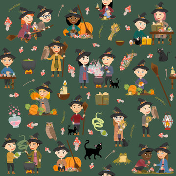 Cute witch seamless pattern. Witches and wizards gather mushrooms and herbs, brew potions, fly on a broomstick and make magic. Vector illustration