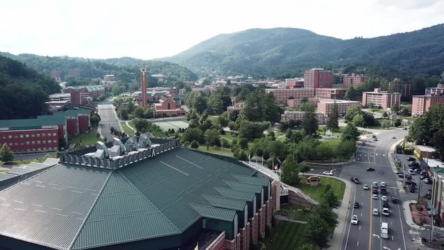 Aerial Pullout Over The Holmes Convocation Center On The Appalachian State University Campus In Boone NC