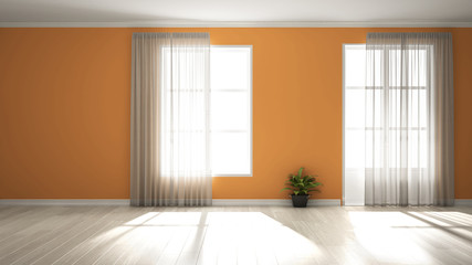 Stylish empty room with panoramic windows, parquet wooden floor, classic shutters, potted plants and decors. Orange background with copy space, interior design concept idea
