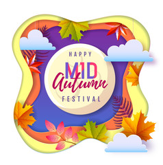 Mid Autumn festival poster with autumn leaves. Cut out paper style design