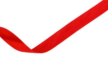 Top view close up of  red ribbon isolated on white background. Flat lay