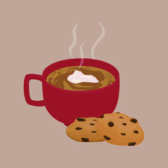 Hot cocoa and chocolate chip cookies vector illustration, cartoon simple style design.