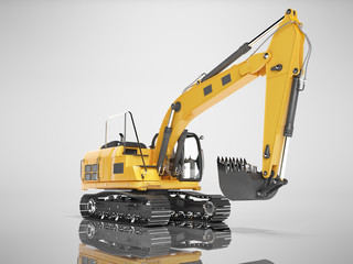 Orange single bucket excavator with hydraulic mechpatoy on tracked metal go isolated 3d render on gray background with shadow