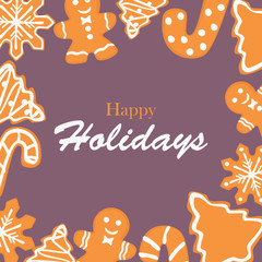 Holiday card with gingerbread cookies frame, cartoon style design, vector card, banner, background design.