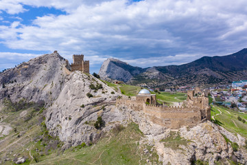 Fototapeta na wymiar Panoramic aerial view of Genoese fortress in Sudak, Crimea.