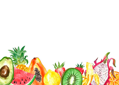 Watercolor summer exotic fruits frame on white background . Hand painted fresh ripe pineapple, orange papaya, watermelon slices, strawberry, kiwi, dragon fruit, lemon, orange, banana. Tropical border