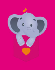 Vector black line baby elephant in breast pocket T-Shirt. Isolated on white background