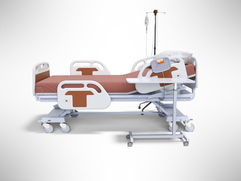 Concept orange hospital bed semi automatic with dropper left view 3d render on gray background with shadow