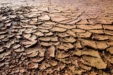 Background of brown cracked soil with rough texture and beautiful pattern.