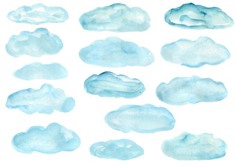 Clouds painted by watercolor. For children's illustrations, patterns, paper, scrapbooking.