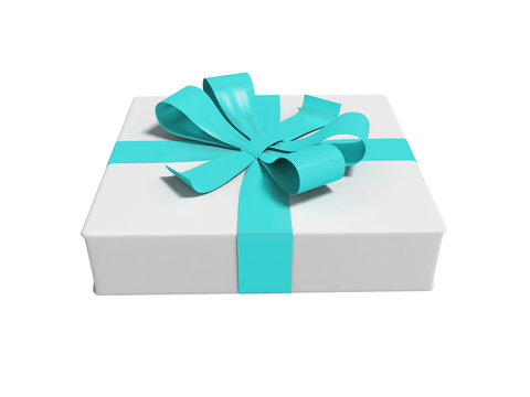 White gift tied with blue ribbon isolated 3d render on white background no shadow