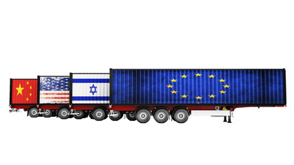 Concept of importing goods from Israel to Europe China America trailers dump trucks 3d render on white background no shadow