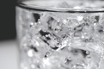 Close-up ice and soda water with bubbles