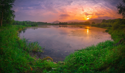 Dawn over the forest pond