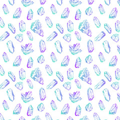 Holographic crystals sketch vector pattern, colored seamless pattern design.